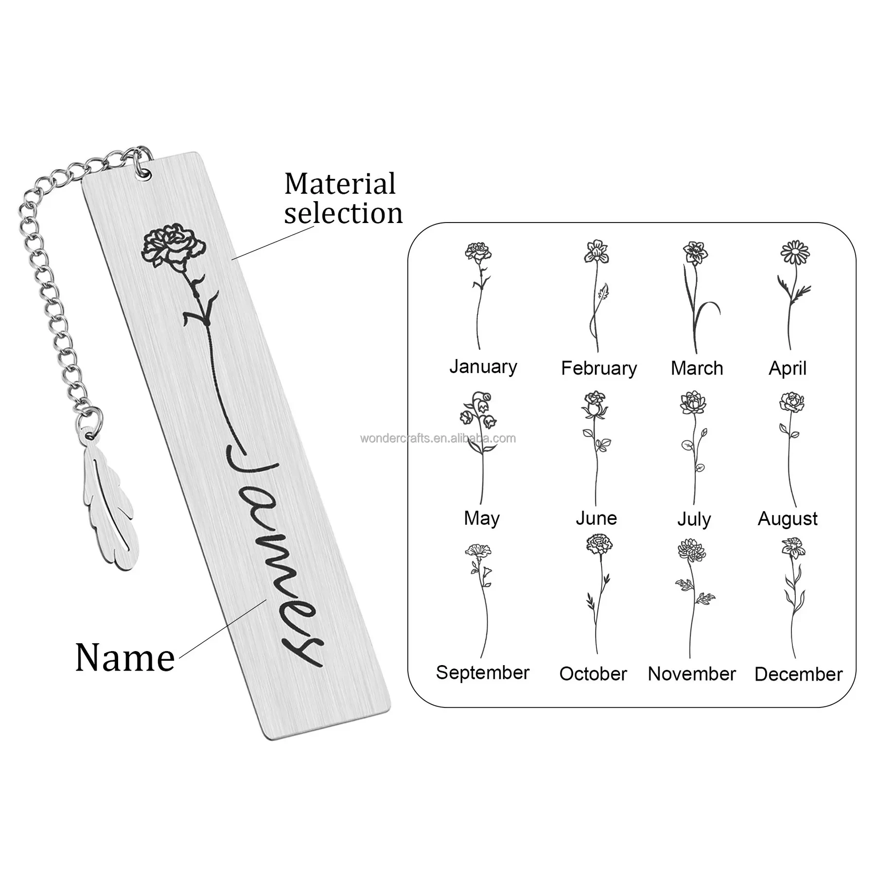 Custom Personalized Name Birthday Gift Flower Design Bookmark Never Fade Stainless Steel Plate Metal Bookmark with Feather Charm