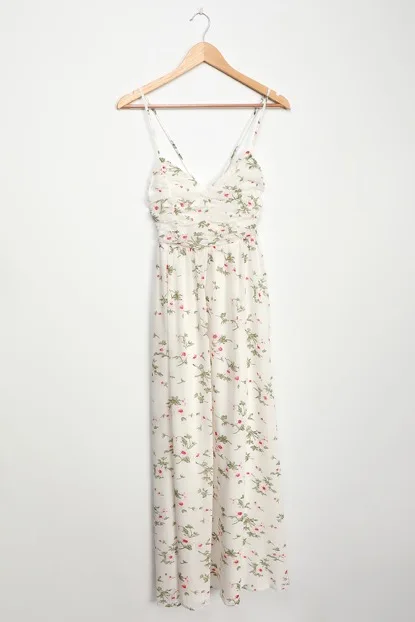 Top Sale Factory wholesale Fashionable Woven Chiffon V-neckline Floral Print Lace-Up Maxi Long Dress