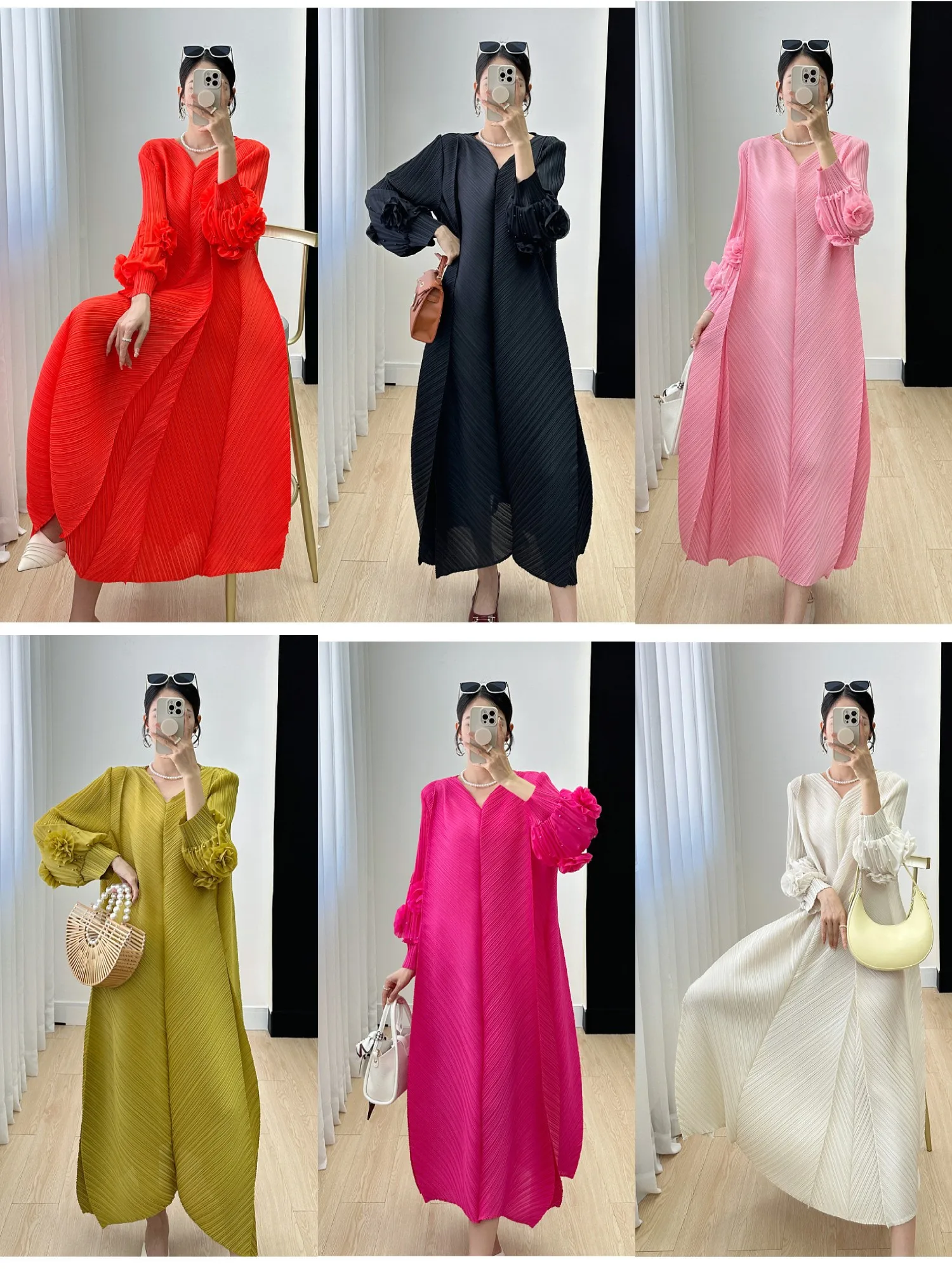 Hot Sale Customize Pleats Plus Loose Size Temperament Embroidered Close Edge Round Neck Long Sleeve Party Bouncing Casual Dress