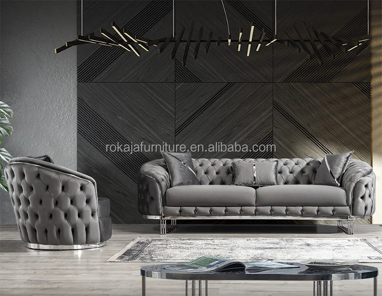 American Style Luxury 1+2+3 Seater Sofa Set Chesterfield Velvet Sofa Gold Stainless Steel Leg Living Room Corner Button Sofas