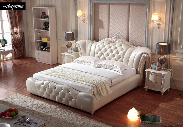 Роскошная мебель для спальни в европейском стиле, антикварные однотонные кровати большого размера из натуральной кожи для отеля