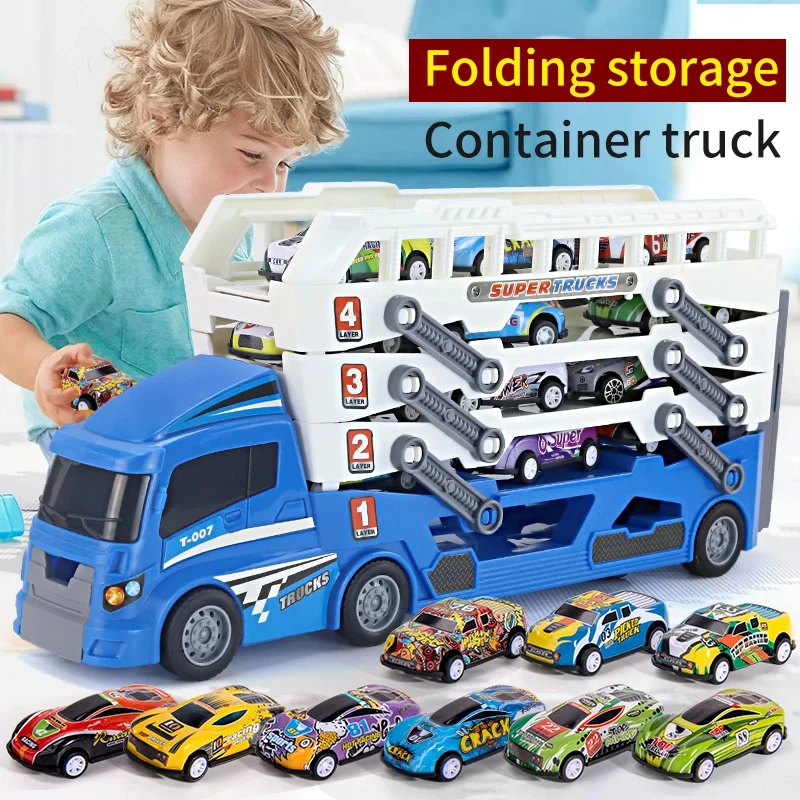 Hot Sale Large Ejection Mini Slide Alloy Container  Engineering Car Multi-Layer Can Receive Blue Racing Car With 6pcs car
