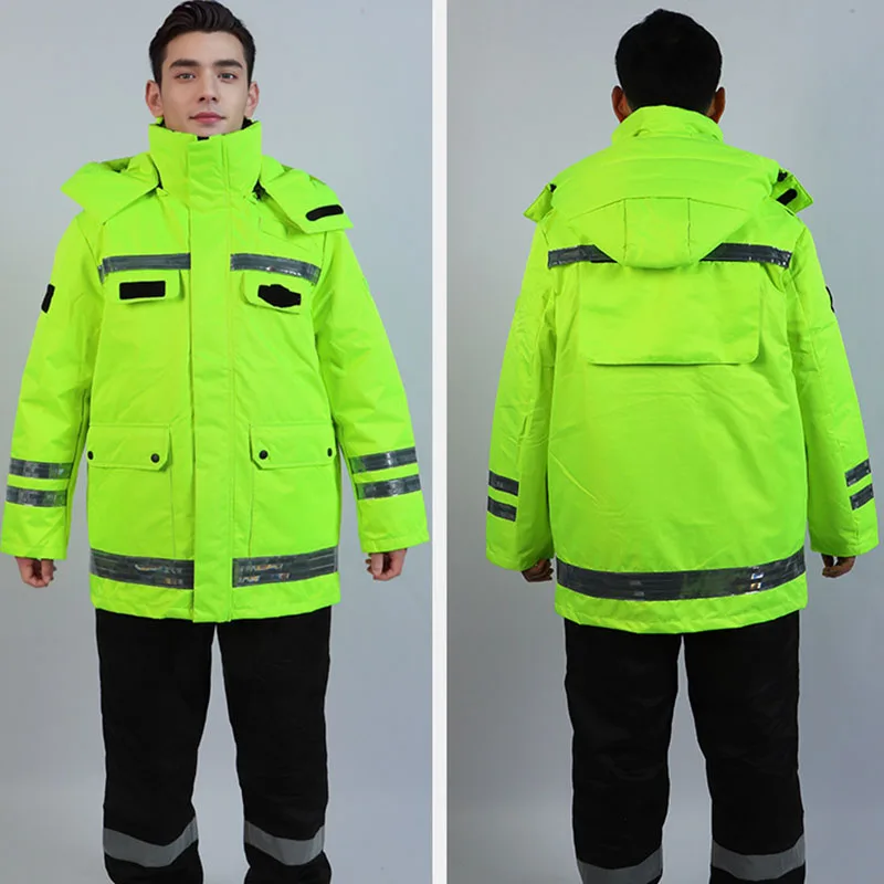 Zennison Fluorescent Cycling Waterproof Thickened Cotton Jacket Adult Jacket Yellow Reflective Raincoat Down Jacket