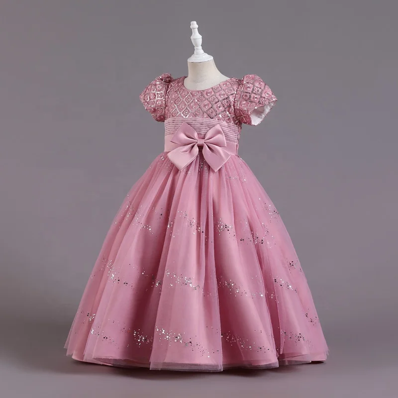 Short Sleeve Kids Girls Princess Sequin Bow Mesh Catwalk Show Girls Red Birthday Party Performance Dress
