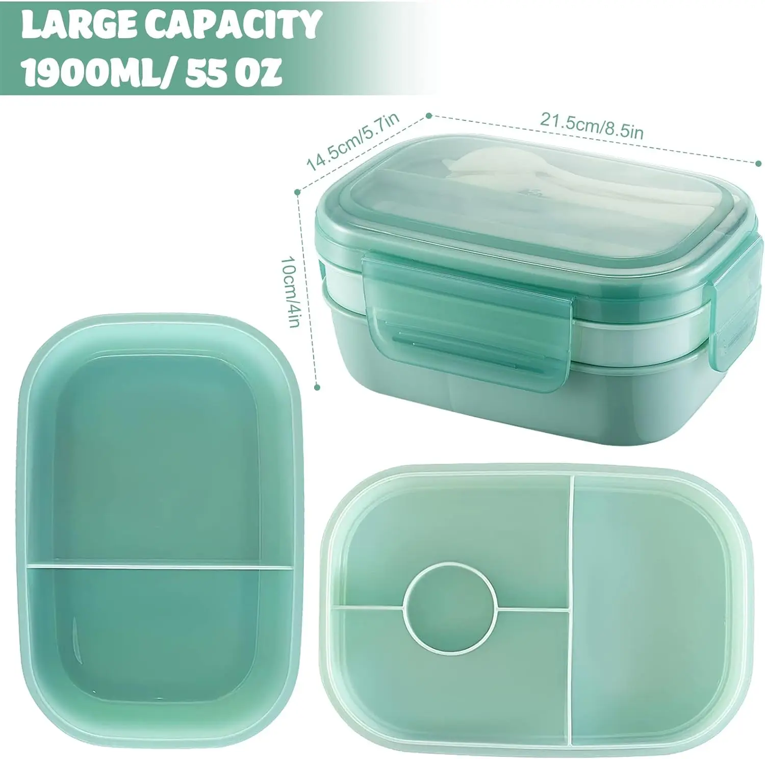Direct Factory Wholesales 1900ml Stackable Bento Box Adult Lunch Box 3 Layers All-in-One Lunch Containers with Multiple Compartm