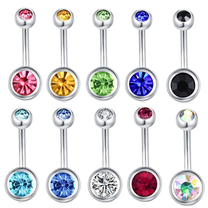 316 Surgical Stainless Steel Double Head Colors Crystal Navel Ring Wholesale Rhinestone Belly Button Ring