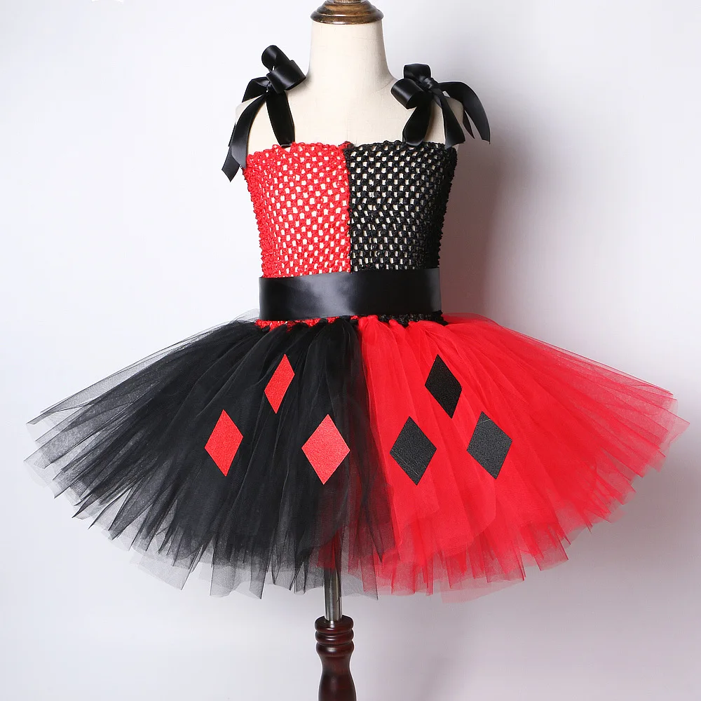 Halloween TV & Movie Costumes Kid Red And Black Clown Mesh Tutu Dress Cosplay Revenge Girl Stage Performer Dress with Headband