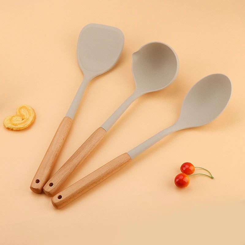 Новое поступление, модный набор из 8 силиконовых кухонных принадлежностей с деревянной ручкой из бука, кухонные принадлежности, набор силиконовой посуды