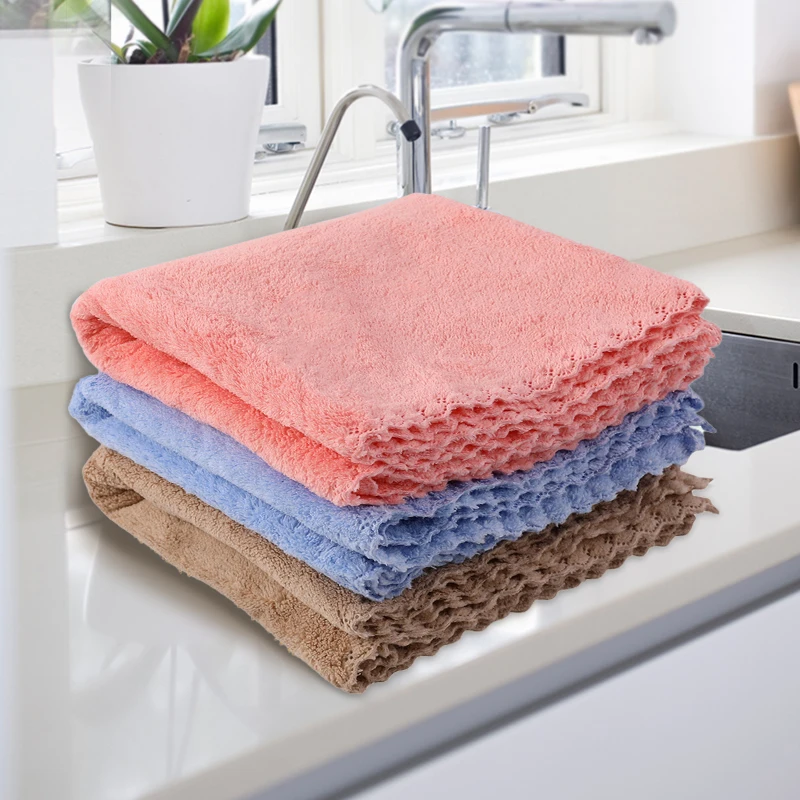 Custom Cleaning Cloth Thick Water Absorption Microfiber Coral Fleece Terry Waffle Woven Checked Dish Tea Kitchen Towels Set