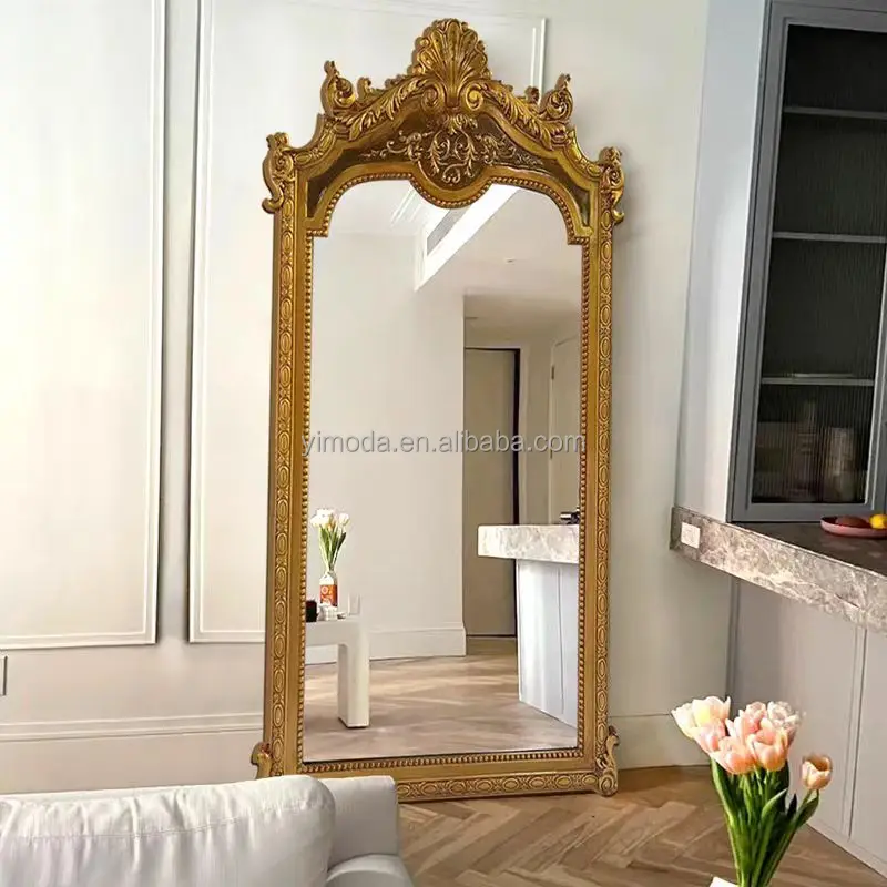 British vintage large wood golden dressing Antique mirror Oversize Large Full Length Flower Decor Floor Mirror