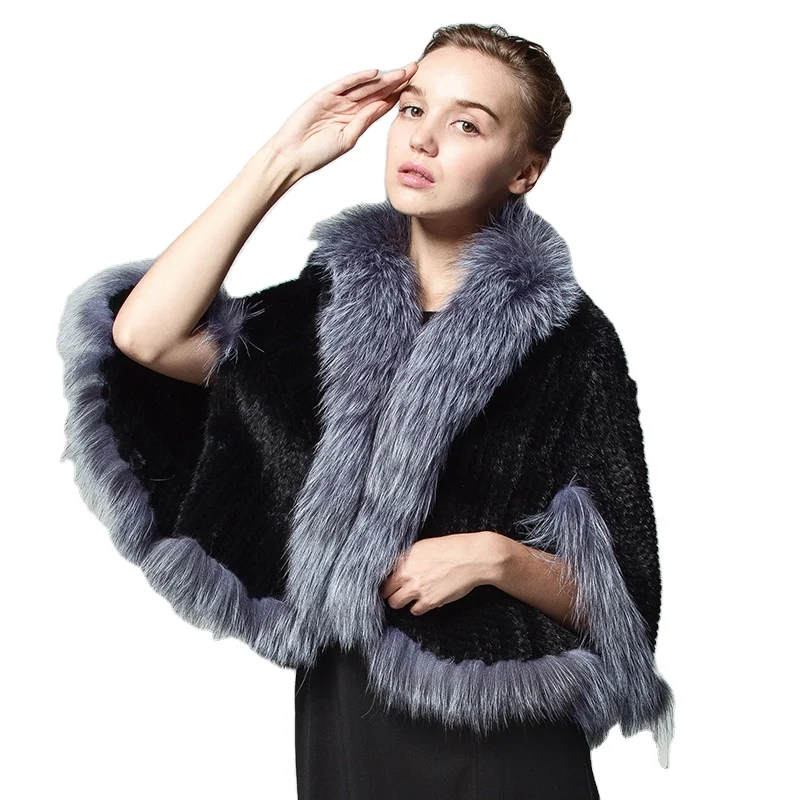Fashion Winter Sleeveless Jacket Coat Knitted Silver Fox Fur Collar Mink Fur Cape For Women