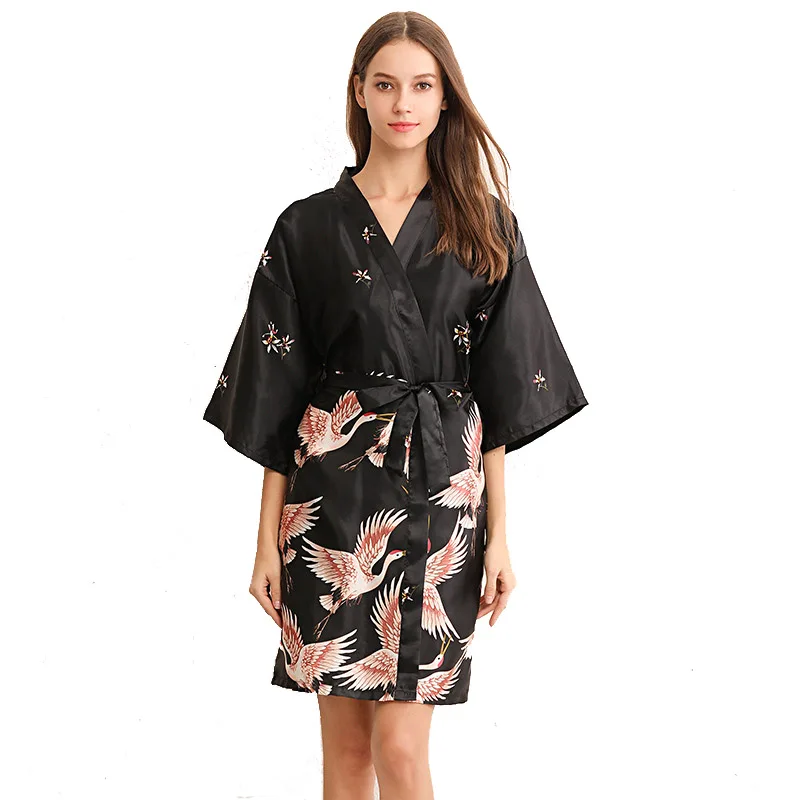 
2020 latest red-crowned crane silk like charming robe kimono bathrobe and pajamas 