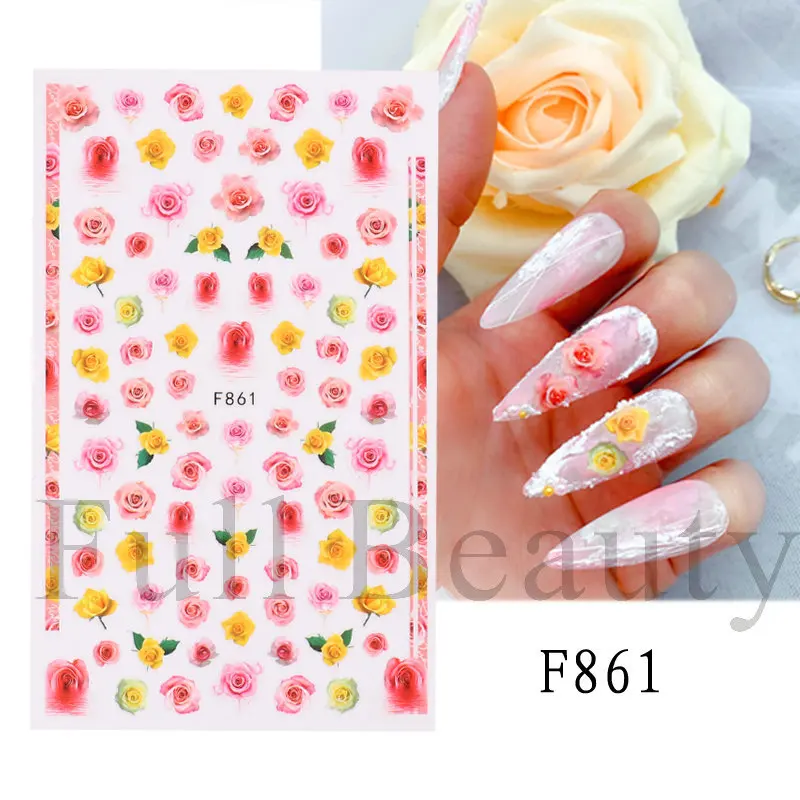 3D Red Gold Rose Nail Sticker Flower Nail Art Decorations Valentine Love Stickers Korean Cute Pink Rose Flower Decals For Girls
