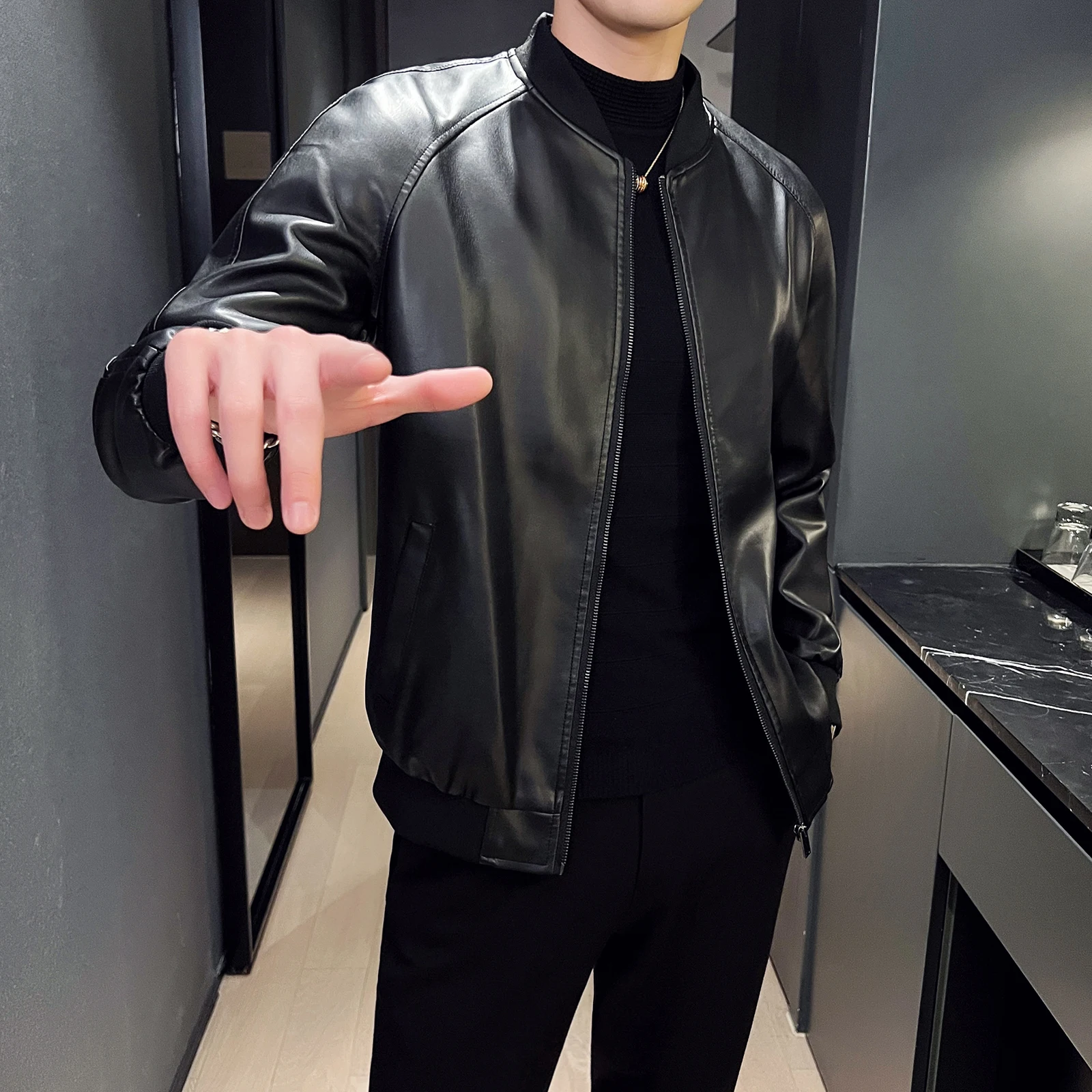 Liu Ming Wholesale Good Quality Autumn Winter Men Casual Stand Collar PU Coats Leather Bomber Jacket