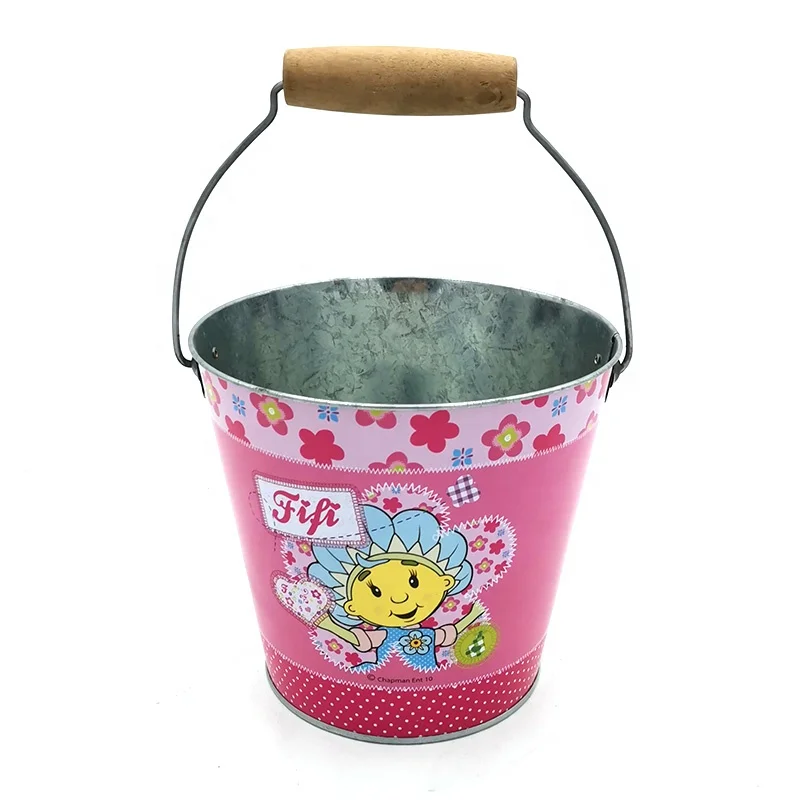 Factory direct custom printed small mini galvanized tin metal bucket with wood handle for children