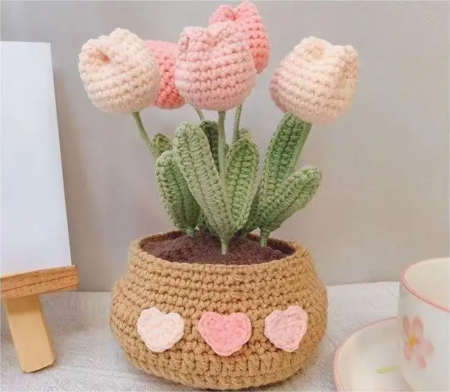 Wholesale Handmade Woven flower Tabletop Decoration for Home Decor various styles Potted Woolen Flowers