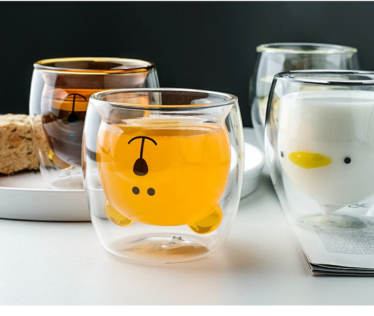 
Transparent glass coffee kitten bear double cup heat insulation high borosilicate 