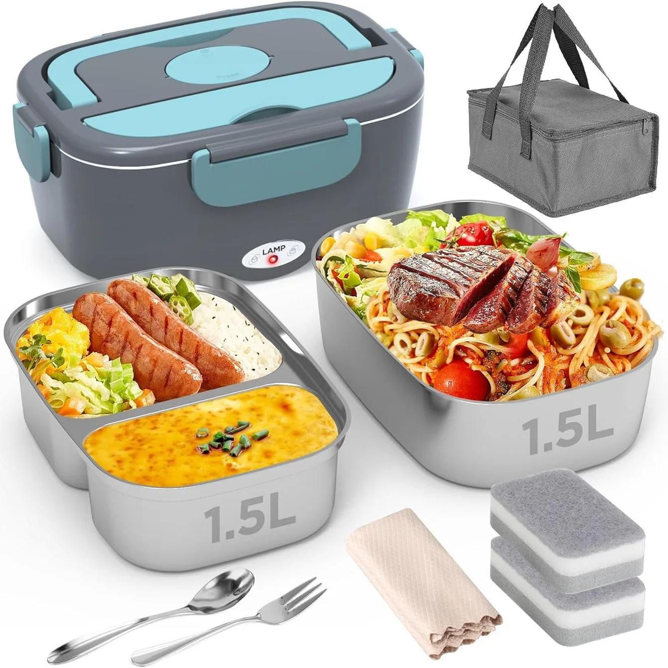 Portable Electric Lunch Box Food Heater Fast Heating 1.5L Stainless Steel Containers 2 Pack-for Car Office Outdoor Use