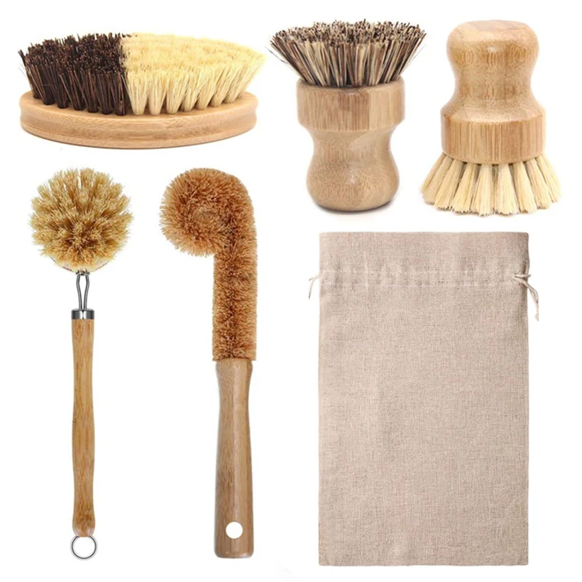 Zero Waste Eco-friendly Natural Wooden Cleaning Scrubber Brush Reusable Bamboo Wood Sisal Dish Cleaning Kitchen Brush