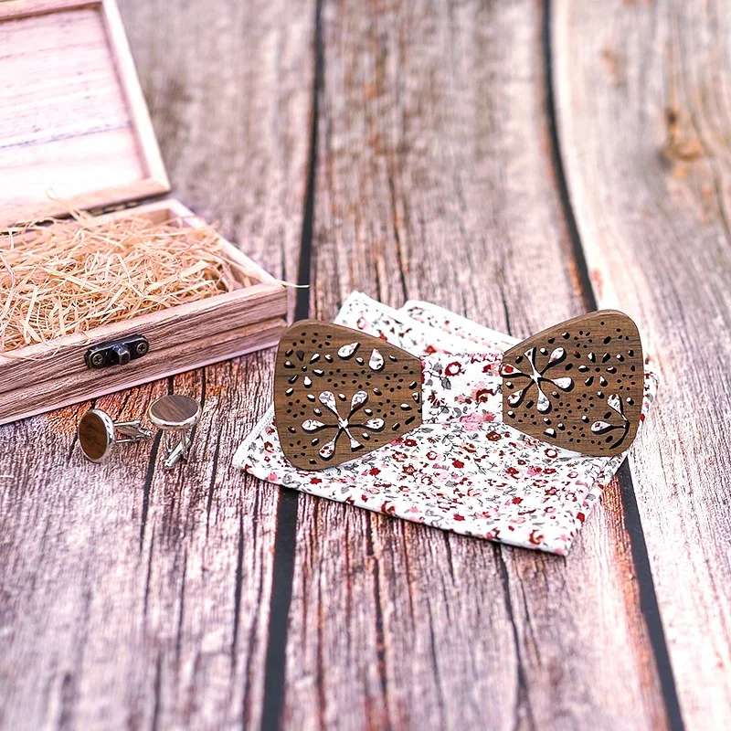 Solid wood firework hollow carved bow tie, hot wedding fashion gifts