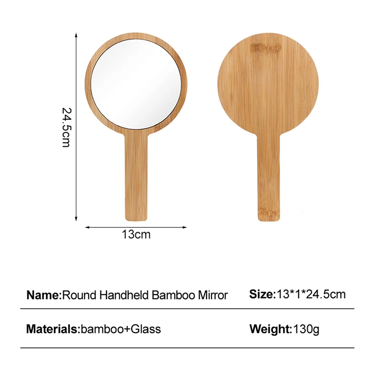 wholesale custom portable small round handheld makeup mirror bamboo framed hand cosmetic mirror with private label for travel