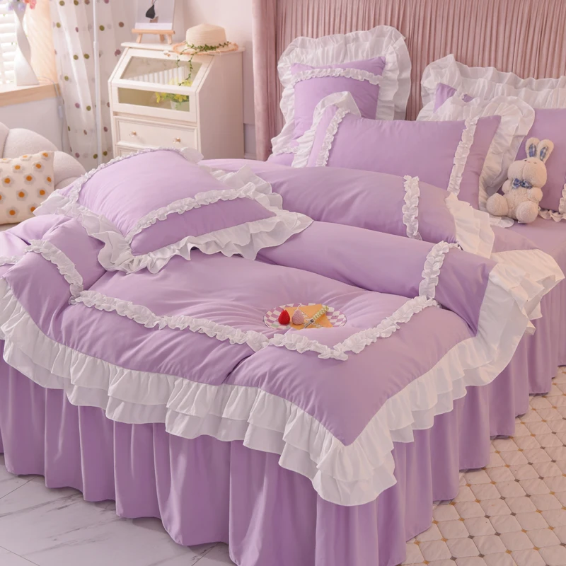 Romantic pink Duvet Cover Set with Bed Skirt Lace Ruffle Chic Bedding Sets Queen 4 Piece bed sheets sets duvet cover 100% cotton