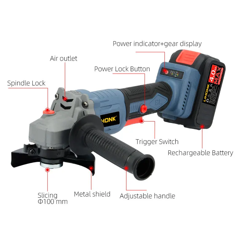E20-2 600W 1000W Brushless Angle Grinder Industrial & DIY 100mm Grade Electric Tools Cutter Machine with Variable Speed