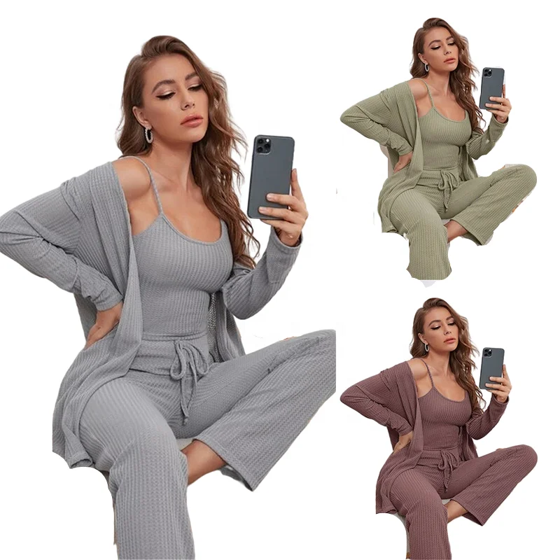 2023 New Fall Women Sleepwear Solid Color Home wear Waffle Knitted Suspender Top Pants Robes Pajamas Ladies Three Piece Suit