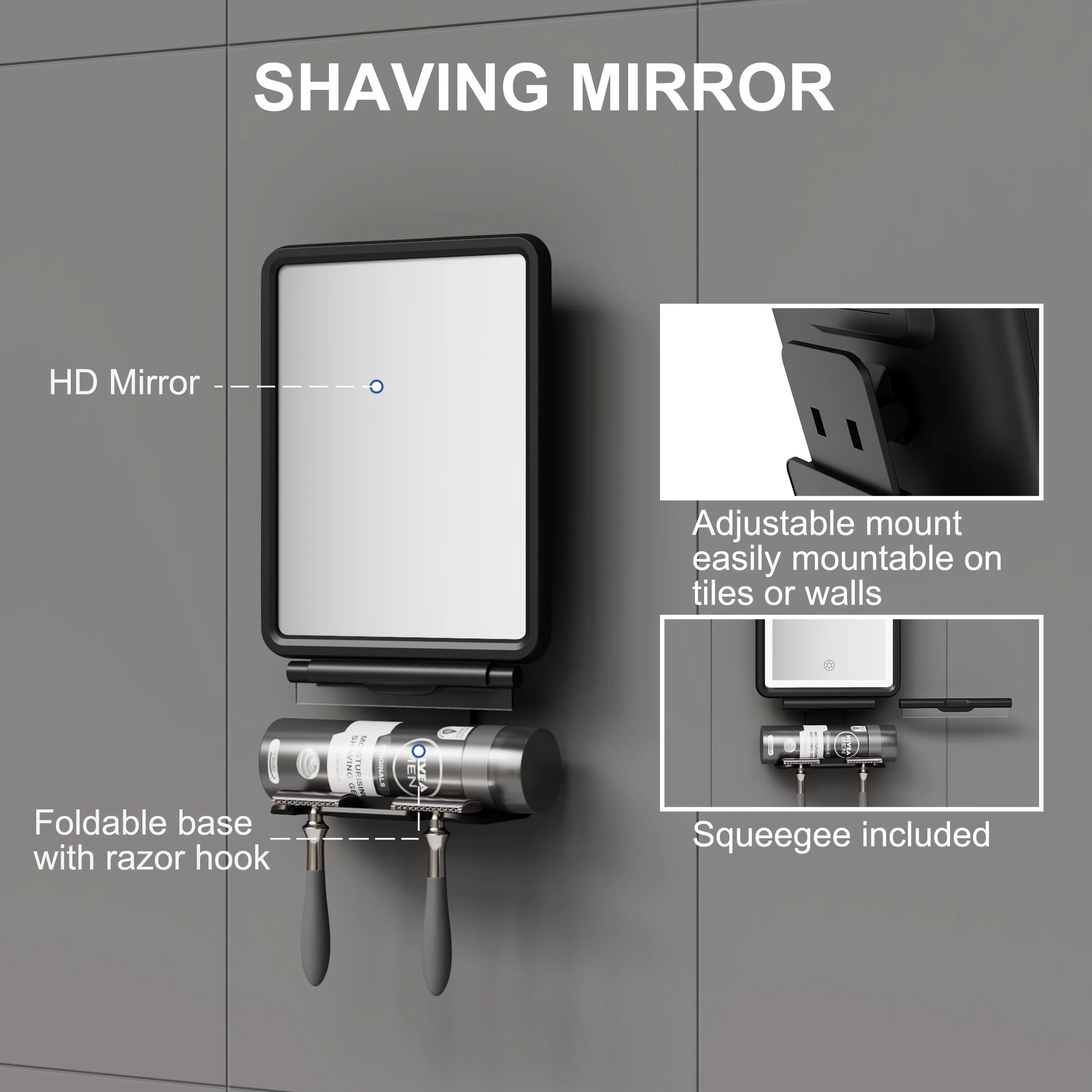 Custom Logo Square Anti Fog Shatterproof Adjustable Razor Holder Fogless For Bathroom Shaving Shower Mirror