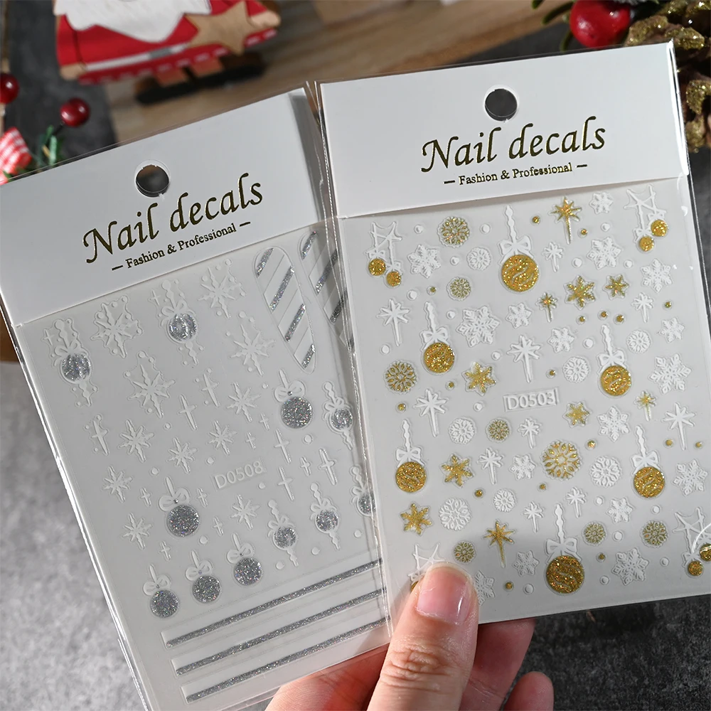 3D Christmas Nail Stickers 10*8cm Snowflake Flowers Pattern Nail Art Decals Laser Silver Gold Xmas Winter Sliders Nail Decals
