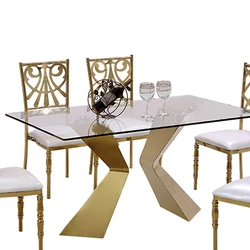 Modern Stainless Steel Gold Glass Wedding Party Event Glass Rectangle Catering Banquet Chairs and Tables Set