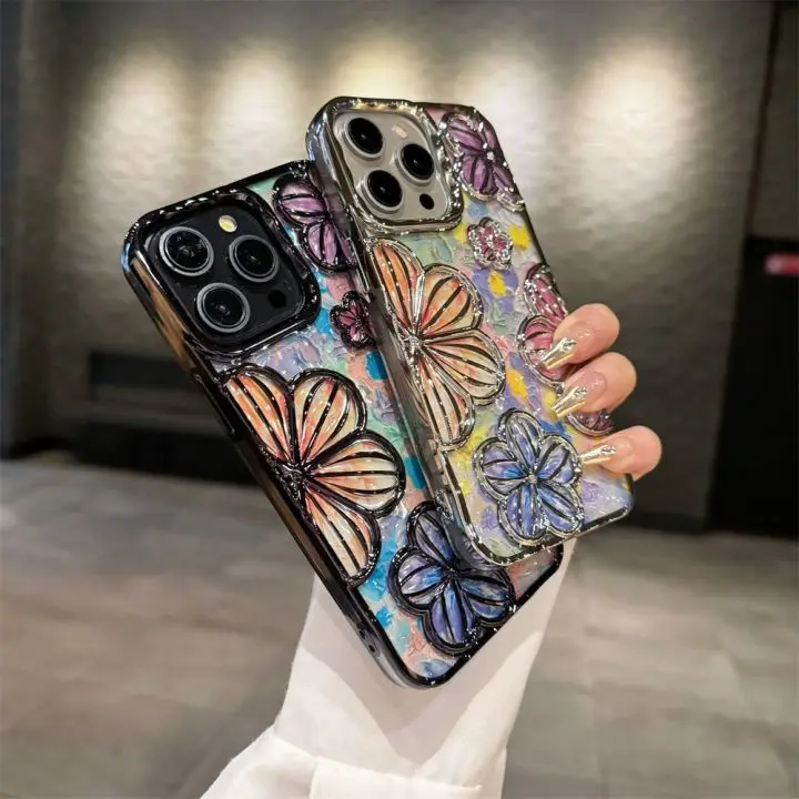 Luxury Electroplate Colours Oil Painting Flower Mobile Phone Case 3D Soft Back Cover For iPhone 15 14 13 12 11 pro max Shell