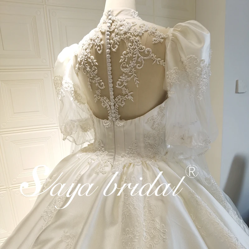 Bride Ball Gown Long Sleeves Muslim Islamic Style New Design Puffy Long Sleeve Casual Bridal Skirt with Detachable Train Ppearl