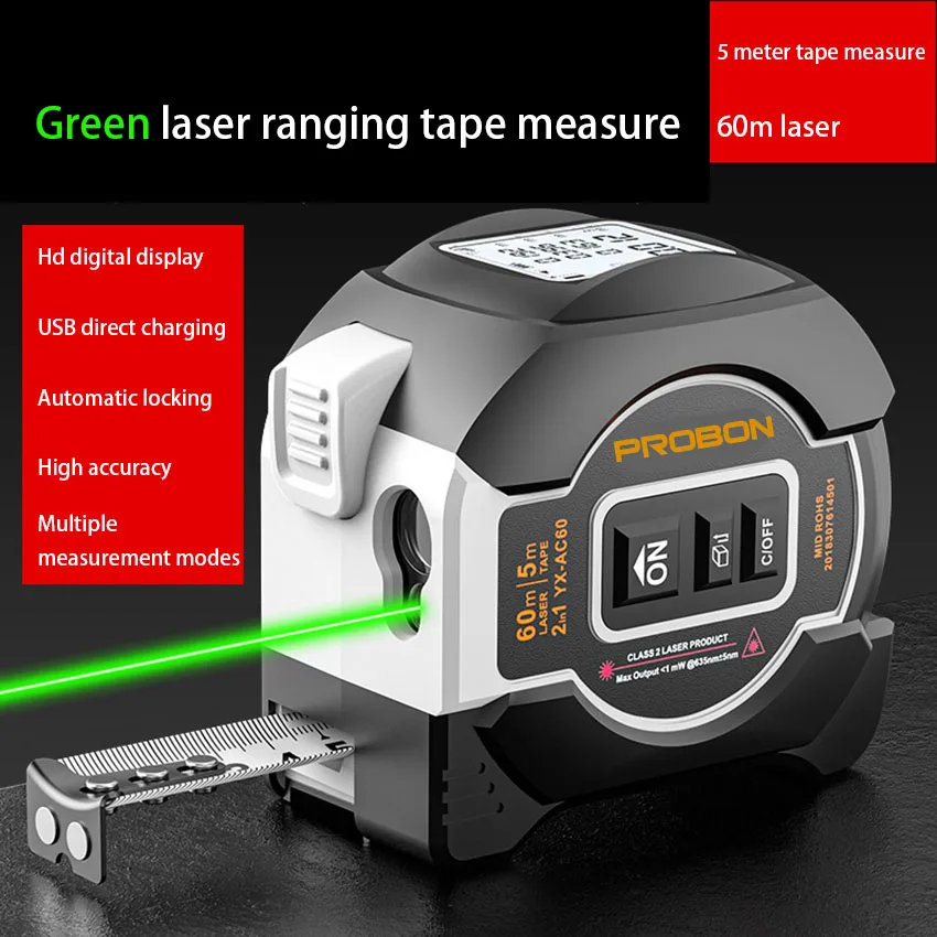 Multi-function Promotion Portable Red and Green Light Rangefinder Tape Rechargeable Smart Tape Measure