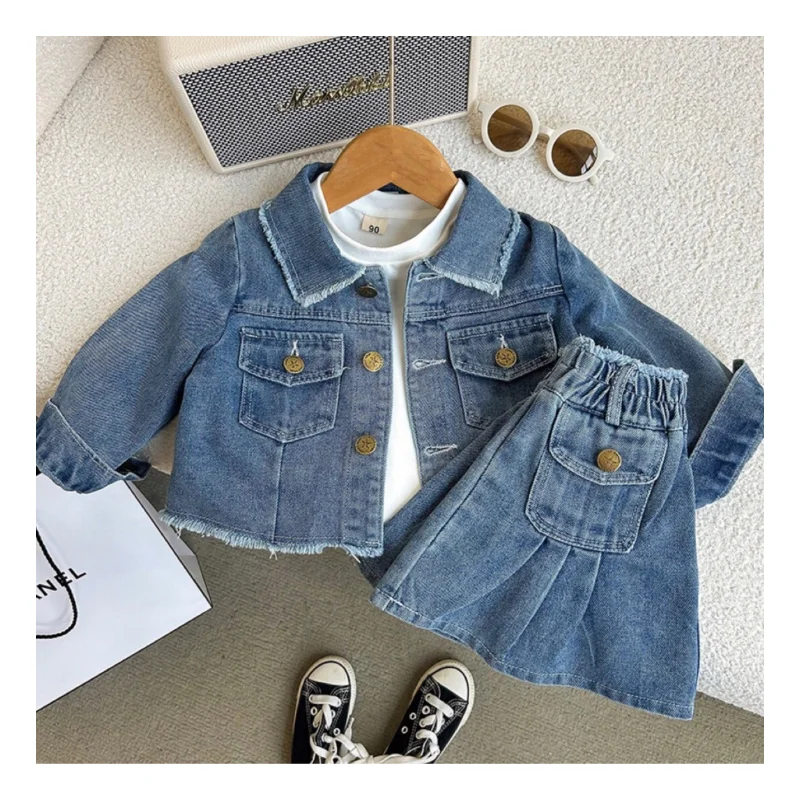 Ms-82 2024 Designer Kids Clothes Wholesale Denim Suit Set Dress 5 to 7 Years Outfits  Children Baby Girls Sets Clothing Boutique