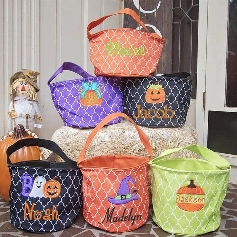 Trick or Treat Personalized Gifts Candy Kids Halloween Bucket Flower Printing Leaf Clover Kids Halloween Basket Bag