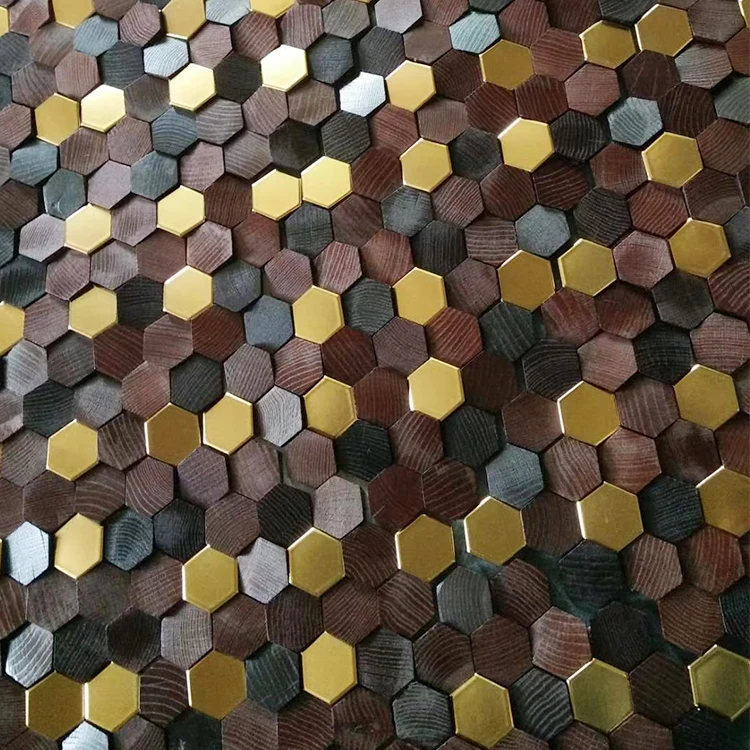 Hexagonal spliced colorful electroplated ceramic 3d wall panel interior solid oak wall panel
