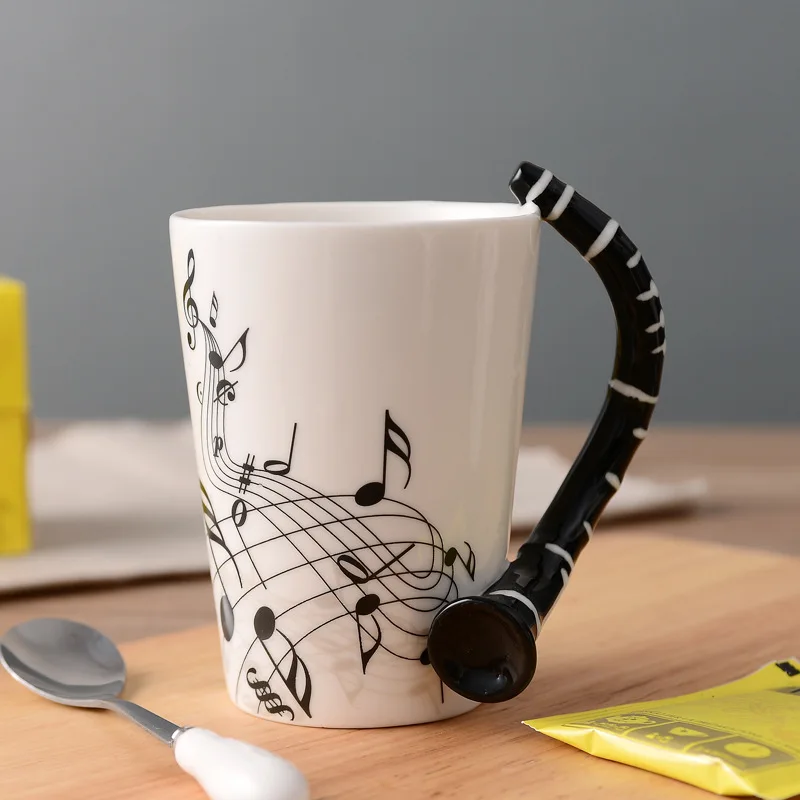 Music Guitar Cup Hand-painted Note Design Shaped Coffee Mug With Instrument Handle Funny Violin Clarinet Snare Drum Piano