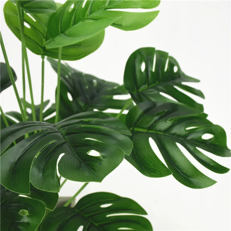 JD99   18-fork Faux Plastic Turtle Leaf Stem Artificial Small Monstera Tree for Home Decoration green leaves