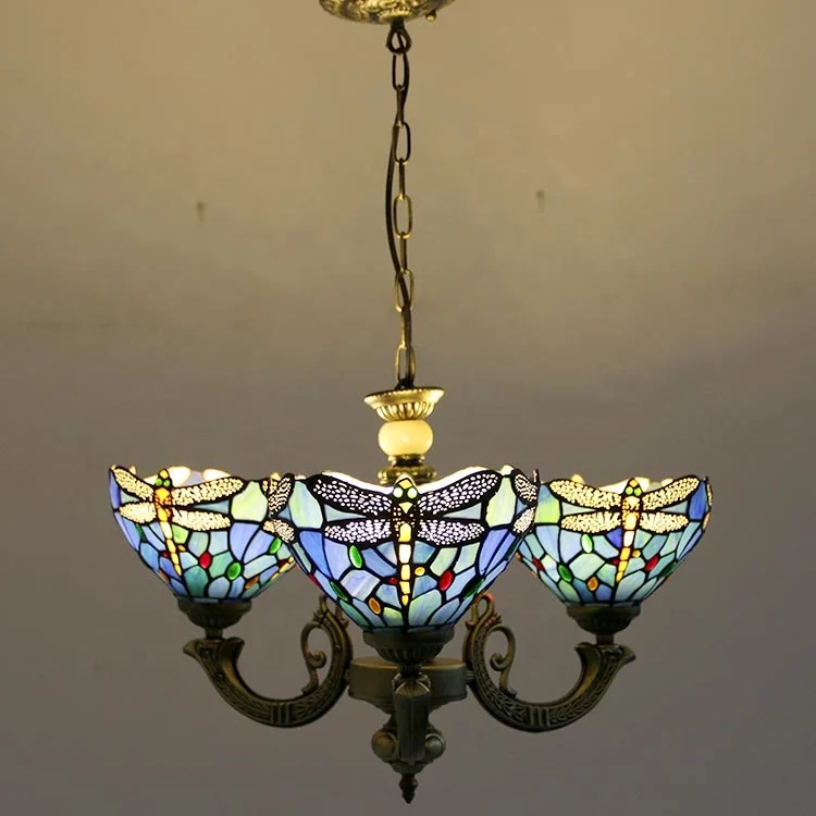 LongHuiJing Tiffany Chandelier 3 Lights Stained Glass Chandeliers Lighting Fixtures Antique Style Ceiling Hanging lamps