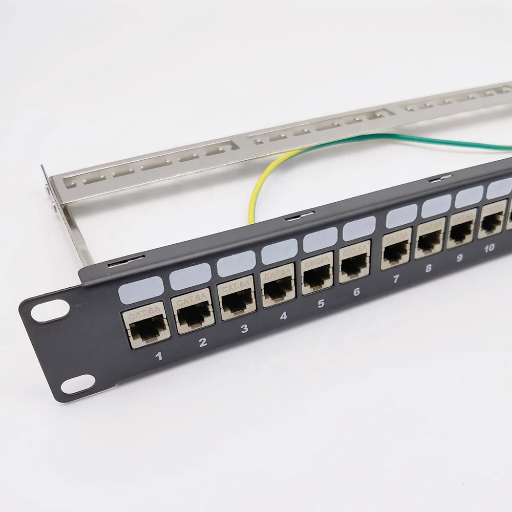 1U 24 Port Cat6a Shielded Patch Panel Loaded with STP Cat6a Keystone Jack