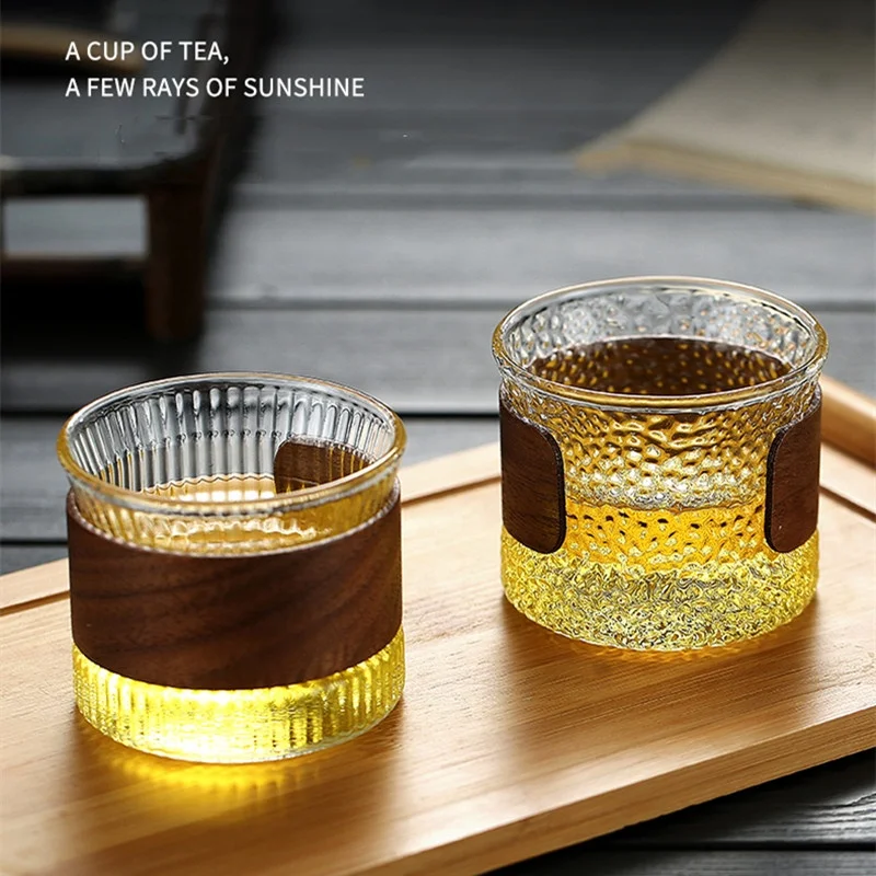 New Design 150ML Stripe Clear Glass Coffee Cup Wide Mouth Ribbed Small Hammer Borosilicate Glass Tea Cups With Wood Sleeve