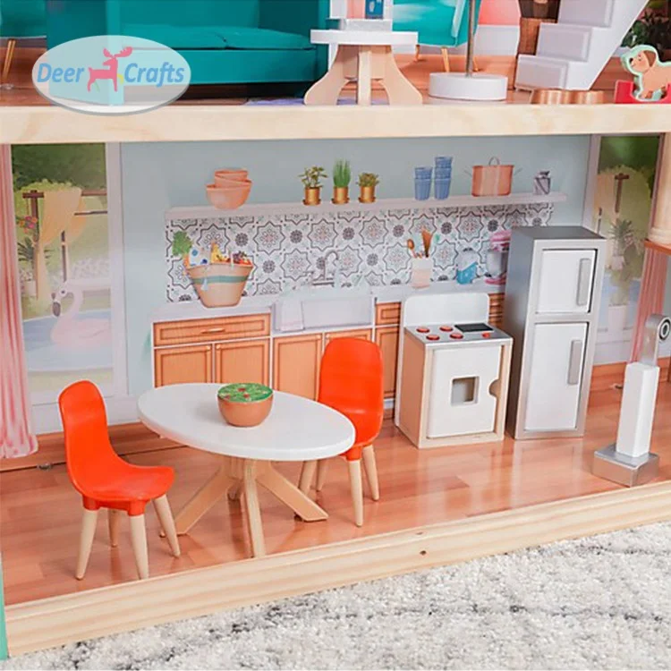 Classic pretend large wooden baby doll house toys with furniture accessories DA06435