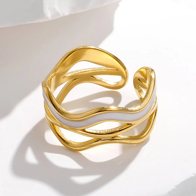 Best Selling Gold Plated Stainless Steel Drop Oil Twist Open Rings Titanium Steel Oil Dripping Wave Finger Ring