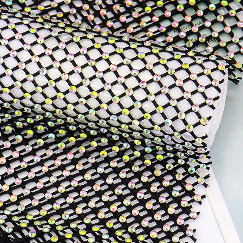 Fishnet Fabric with Shiny Crystal Rhinestones Soft Elastic Mesh Fabric Cuttable and Spliced Color Diamond Fabric