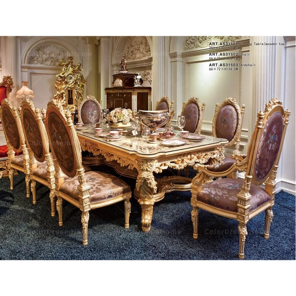 Rococo Royal Luxury Furniture Golden Wood Carving Long Dining Table and Chair Set with 8 Chairs