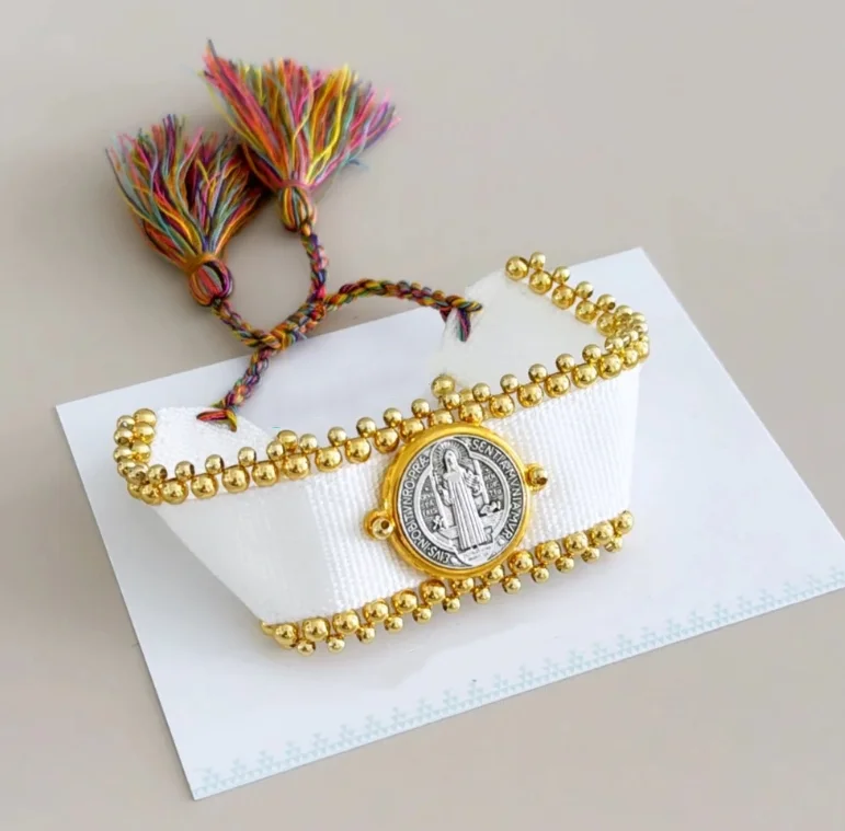 Handmade Weave Religion SAN BENITO Pattern Around 18k gold beads Bracelets italian religious jewelry bracelet women