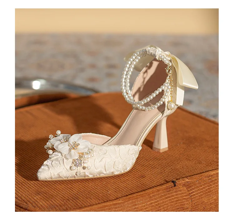 High Heel Wedding Shoes for Women High Quality Handmade Sandals Pearl Bowknot Bridal Shoes Hollow Out Bridesmaid Shoes