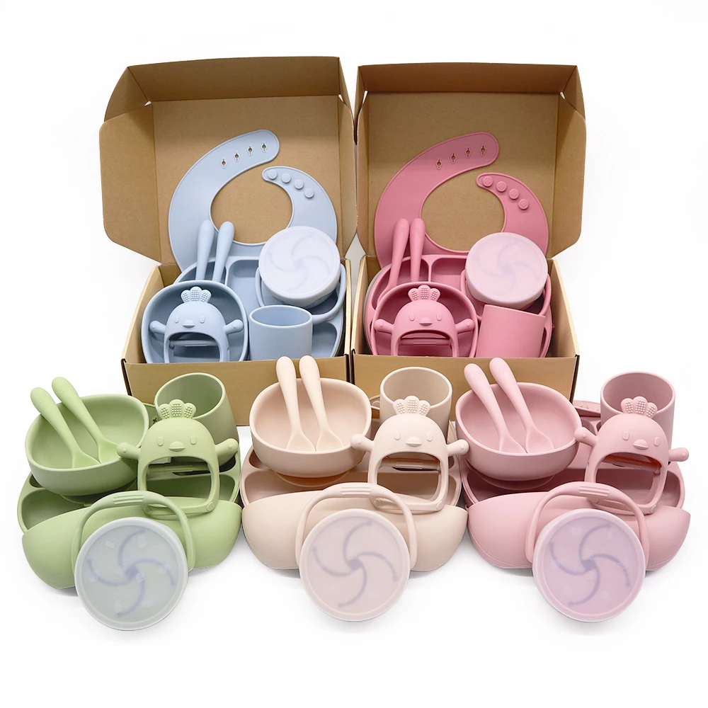 Baby Feeding Gift Sets Silicone Bowl Water Proof Bibs Suction Plate Dinnerware sets for Toddler