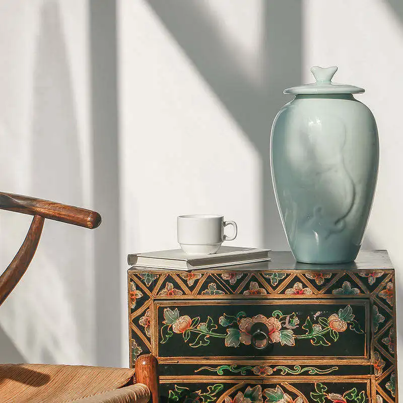 Custom Pea green Carved lotus Ceramic Carved Creative flower pot modern vase decoration for home decor nordic indoor vase